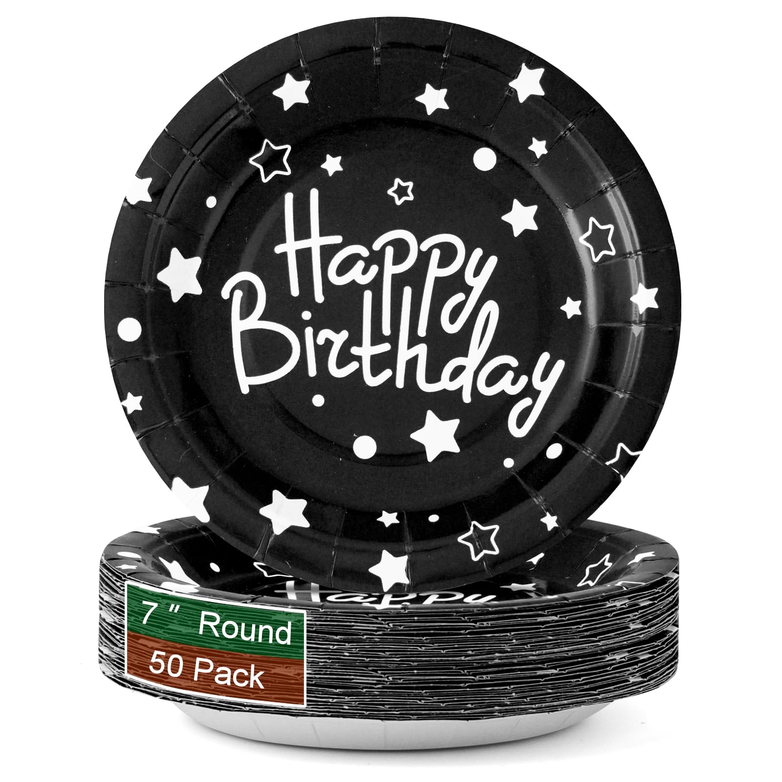 CENLBJ Happy Birthday Party Paper Plates,Black Dessert Plates,7inch-50pcs,Foil Polka Dots for Birthday Party Decorations