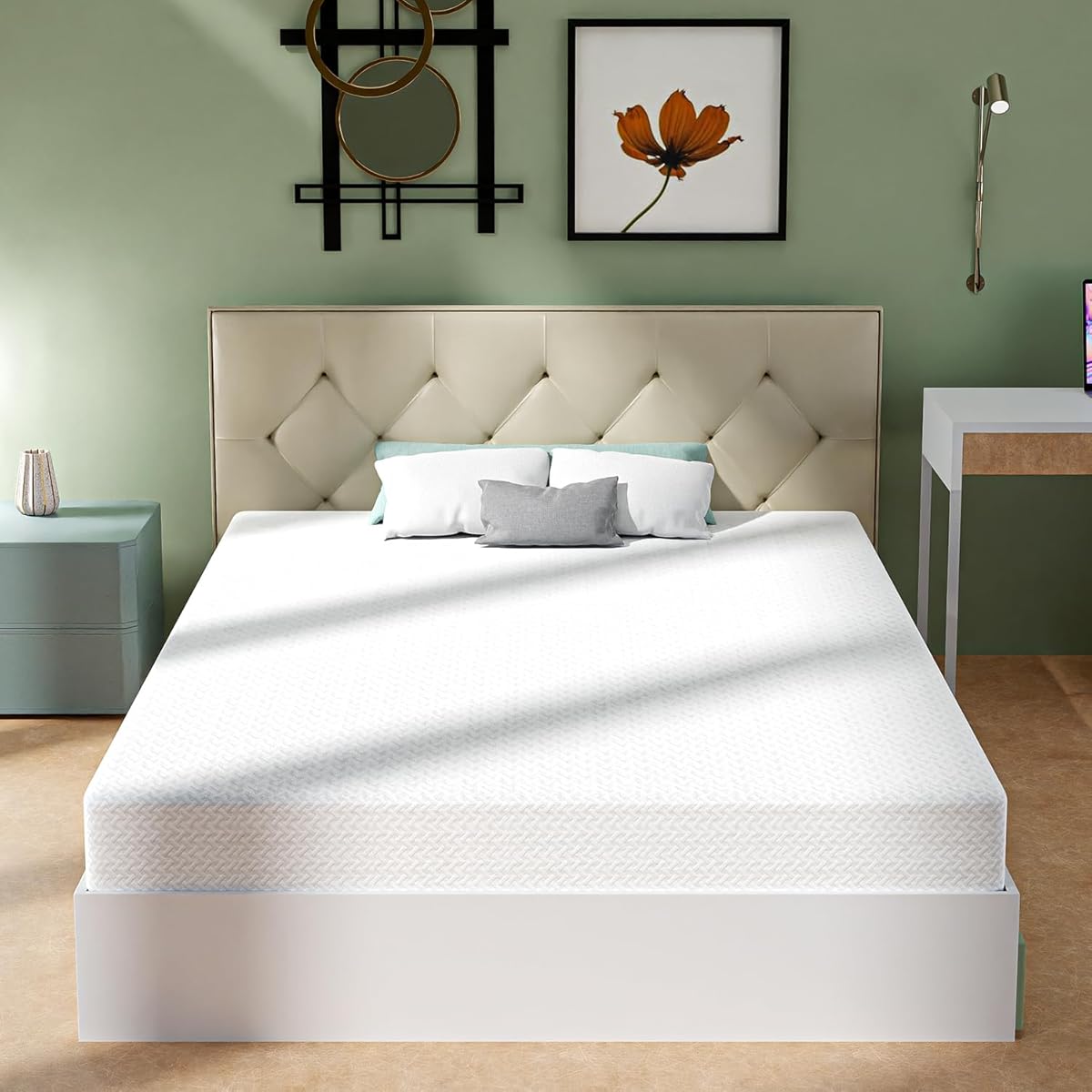 FDW 5/6/8/10/12 Inch Green Tea Memory Foam Mattress Cooling Gel Infused Mattress,Medium Firm Mattresses CertiPUR-US Certified/Bed-in-a-Box/Pressure Relieving,White