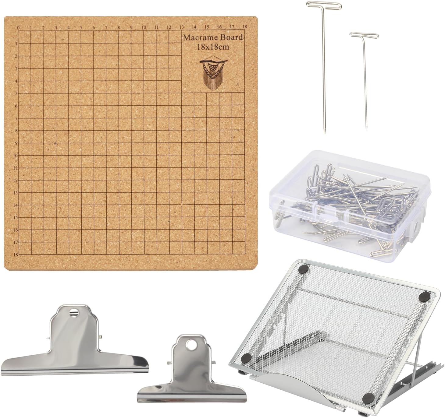 Lxmxgk 8x8 Inch Macrame Board Set, Macrame Board and Metal Adjustable Holder with T Pins Clips, Supplies Braiding Craft Helper, Board for Macrame and Knotting, Macrame Supplies Double Sided Grids