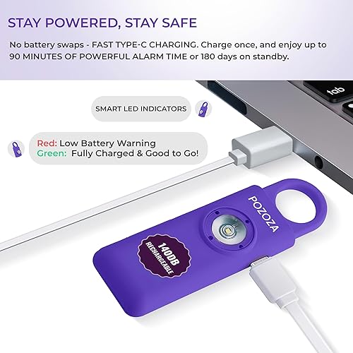 Miniatura 5 de Juego de llaveros de autodefensa recargable de 140 dB para mujeres con alarma de seguridad personal, alarma de llavero y silbato - Herramientas de