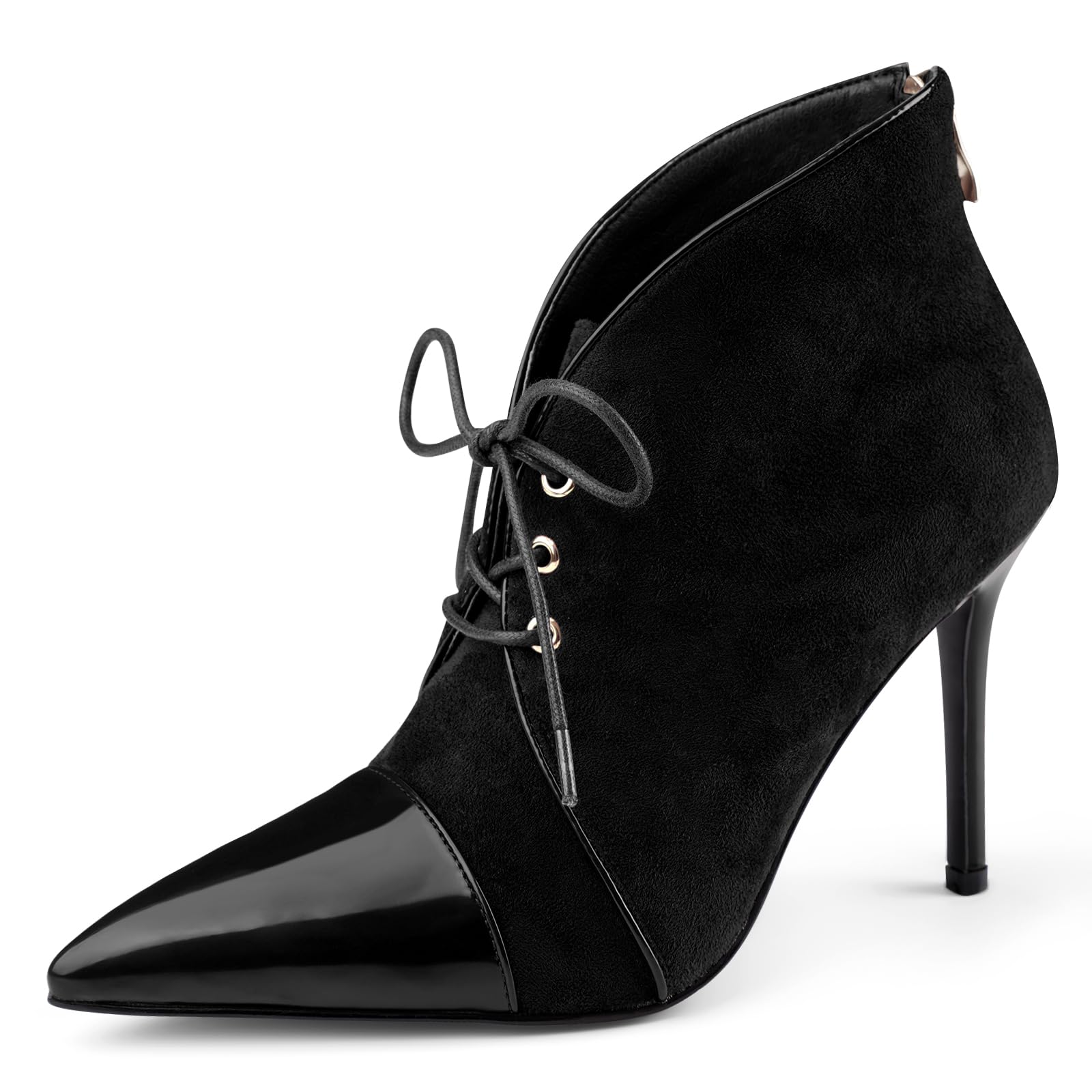 Oh Mispares Women’s Pointed Toe Booties Stiletto Heel Lace up Back Zipper Suede Patent Leather Splicing Ankle Boots 4 Inch Dress Heels