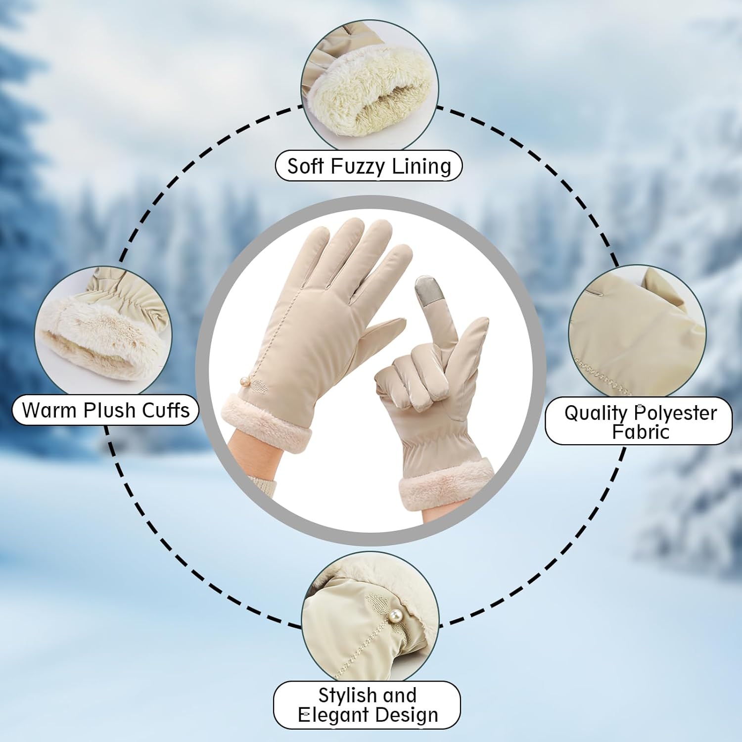 Winter Gloves for Women, Waterproof Touch Screen Glove with Pearl Decoration, Windproof Warm Plush Driving Gloves - Image 4