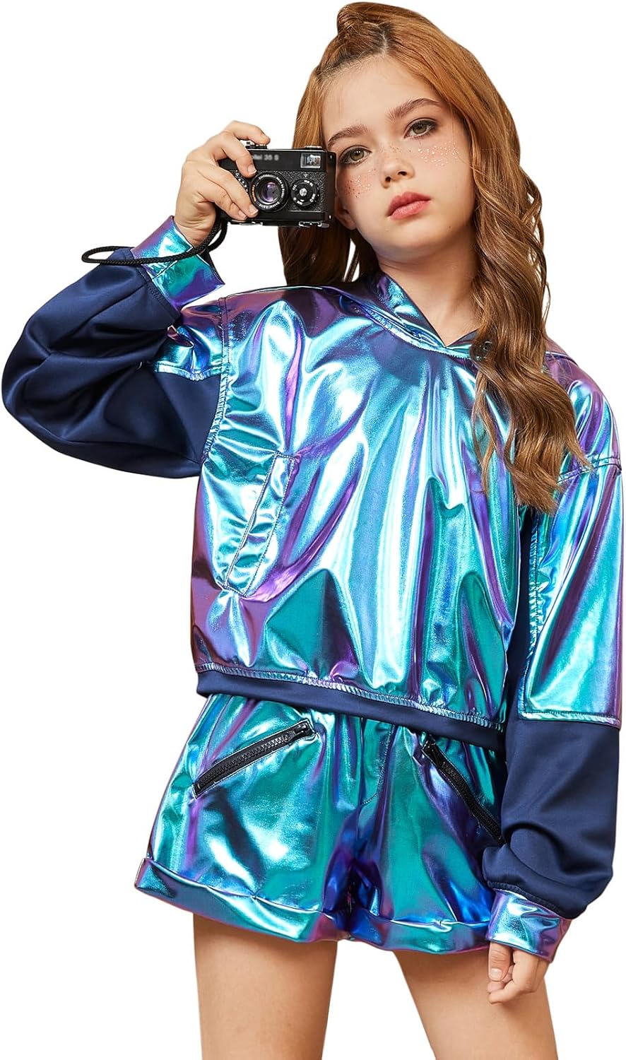 Jxstar Girls Metallic Hoodies Shiny Pullover Long Sleeve Sweatshirts Cropped Top Sparkly Club Wear Rave Disco Dance Outfits