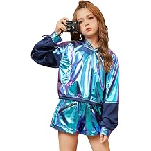 Jxstar Girls Metallic Hoodies Shiny Pullover Long Sleeve Sweatshirts Cropped Top Sparkly Club Wear Rave Disco Dance Outfits