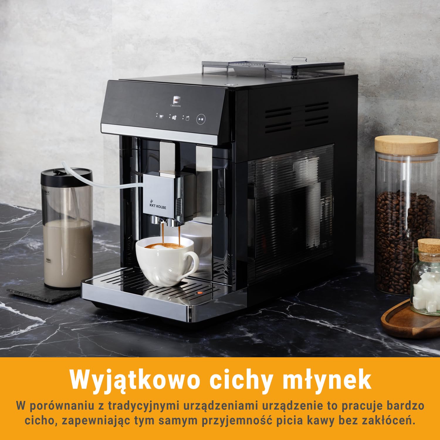 KKT KOLBE One w pełni automatyczny ekspres do kawy z pojemnikiem na mleko, dyszą do pianki na mleko i akcesoriami, funkcja 2 filiżanek, 15 bar, 7-stopniowy mechanizm mielący, ekran dotykowy