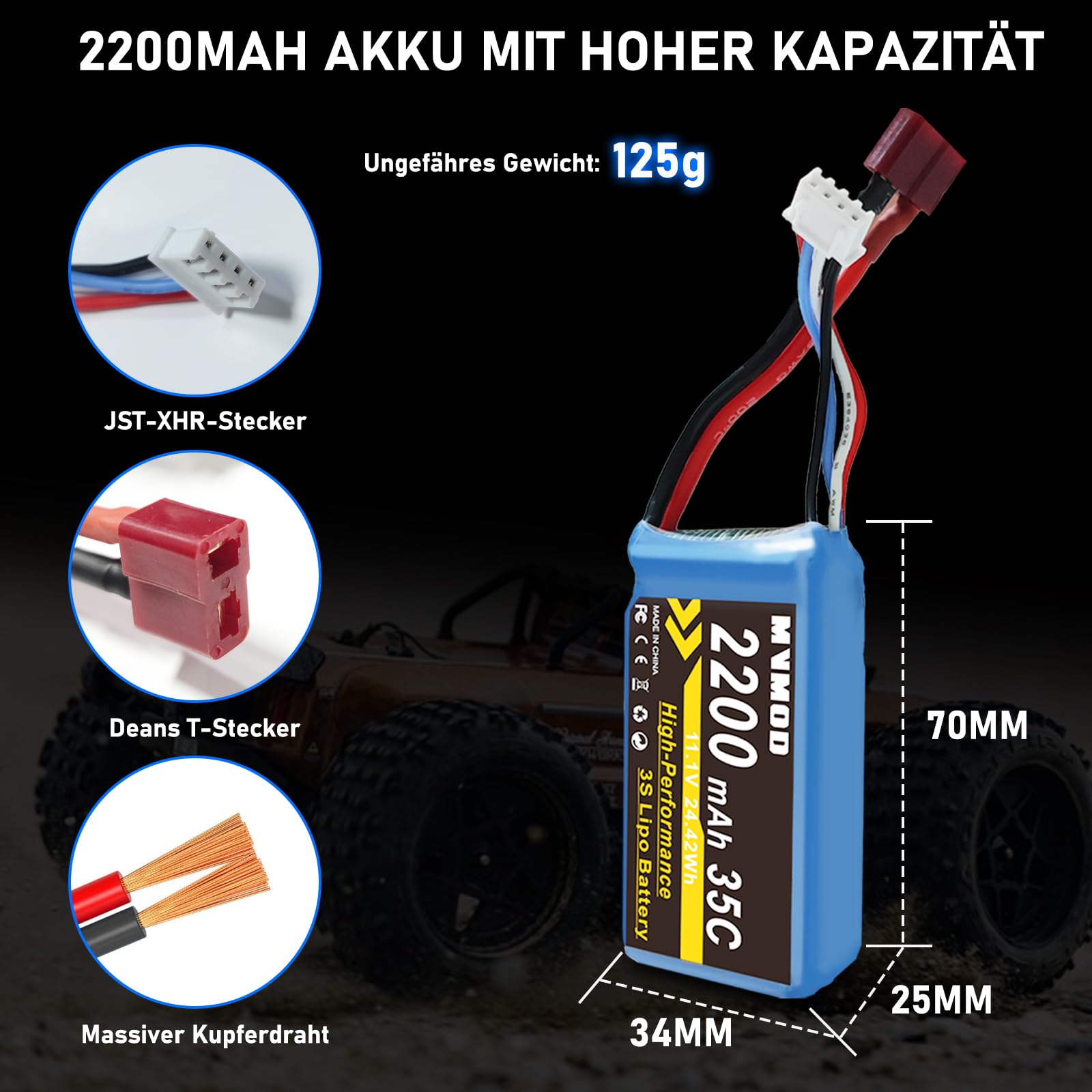 Batterie LiPo 3S 2200 MAh 11,1V 35C – Deans T – Chargeur équilibre Inclus – RC Avion/drone