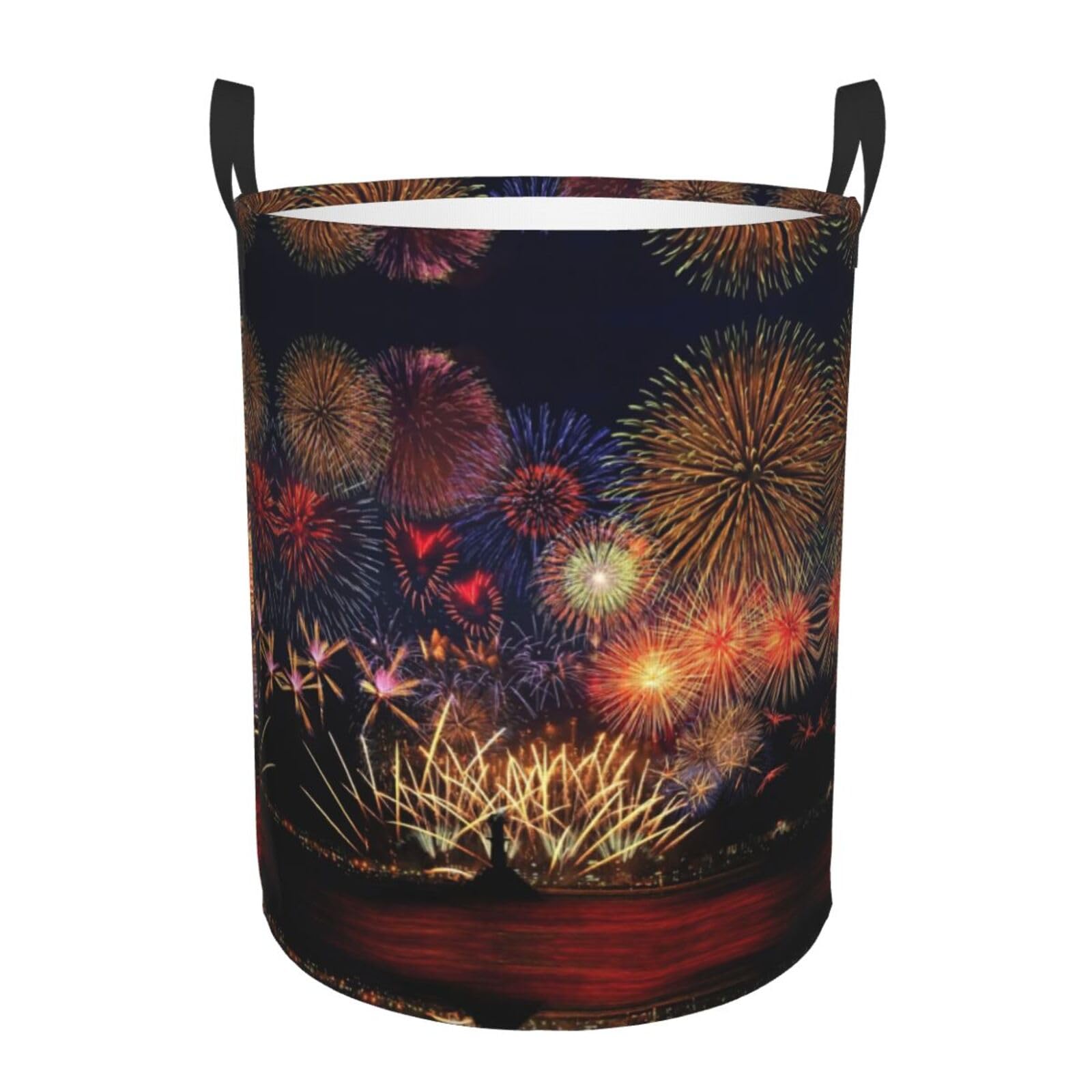 S Collapsible Round Fireworks Print Laundry Hamper