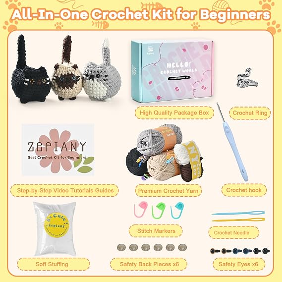 CrochZepiany Crochet Kit for Beginners 3 Crochet Cats with Video for Adults | Crochet Starter Kit with Step-by-Step Video Tutorials & Printed Guide,Crochet Kits for Beginners Adults,Crochet Gifts
