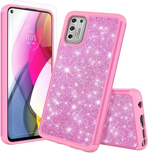 Funda diseñada para Motorola Moto G Stylus 2021 con purpurina con vidrio templado, absorción de golpes, antiarañazos, resistente y duradera,