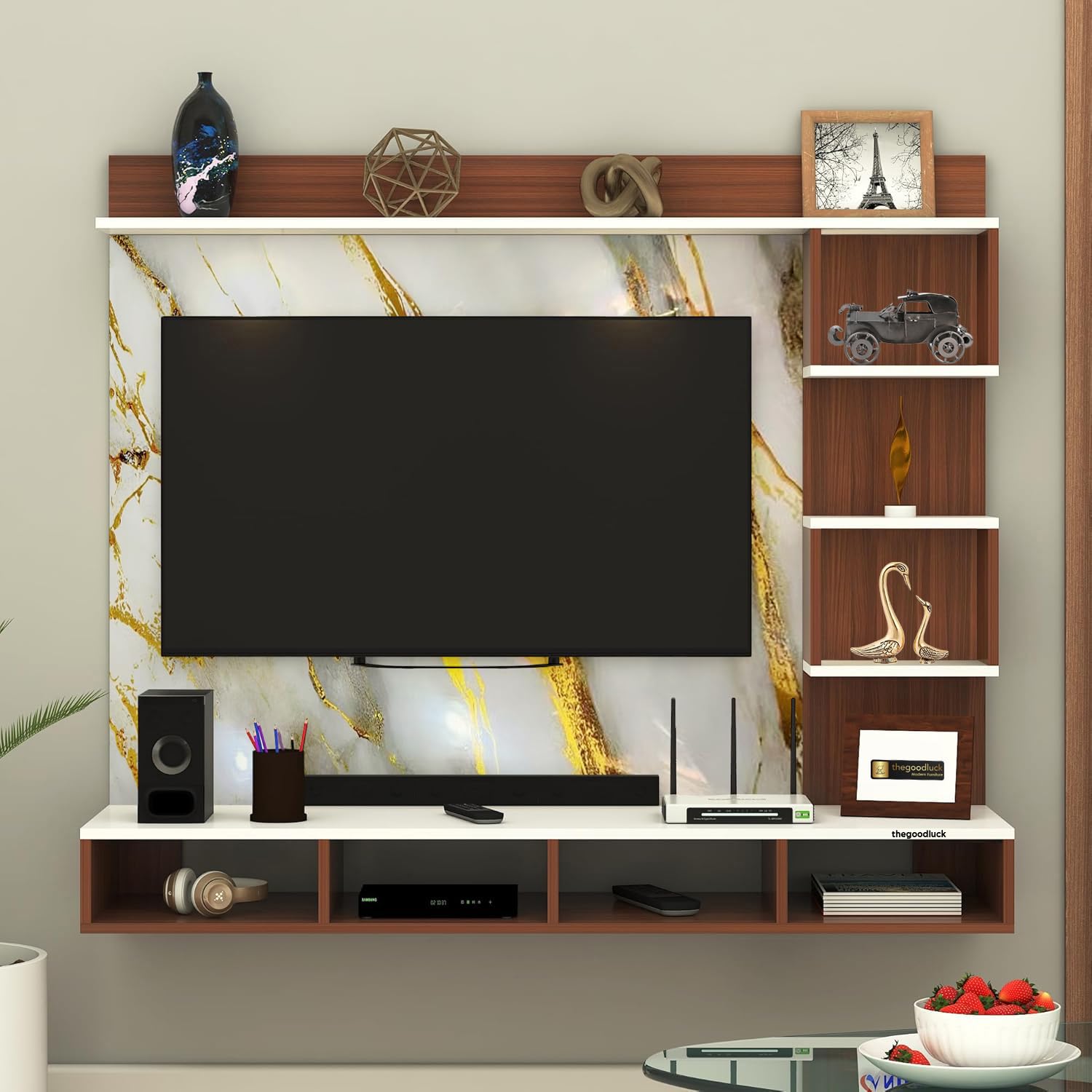 Living Room 32 to 65 INCH Wall TV Cabinet Engineered Wood and Back Side 3mm Self Adhesive UPVC Sheet (White-Gold, 32-55 Inches, with Fitting)-image-21