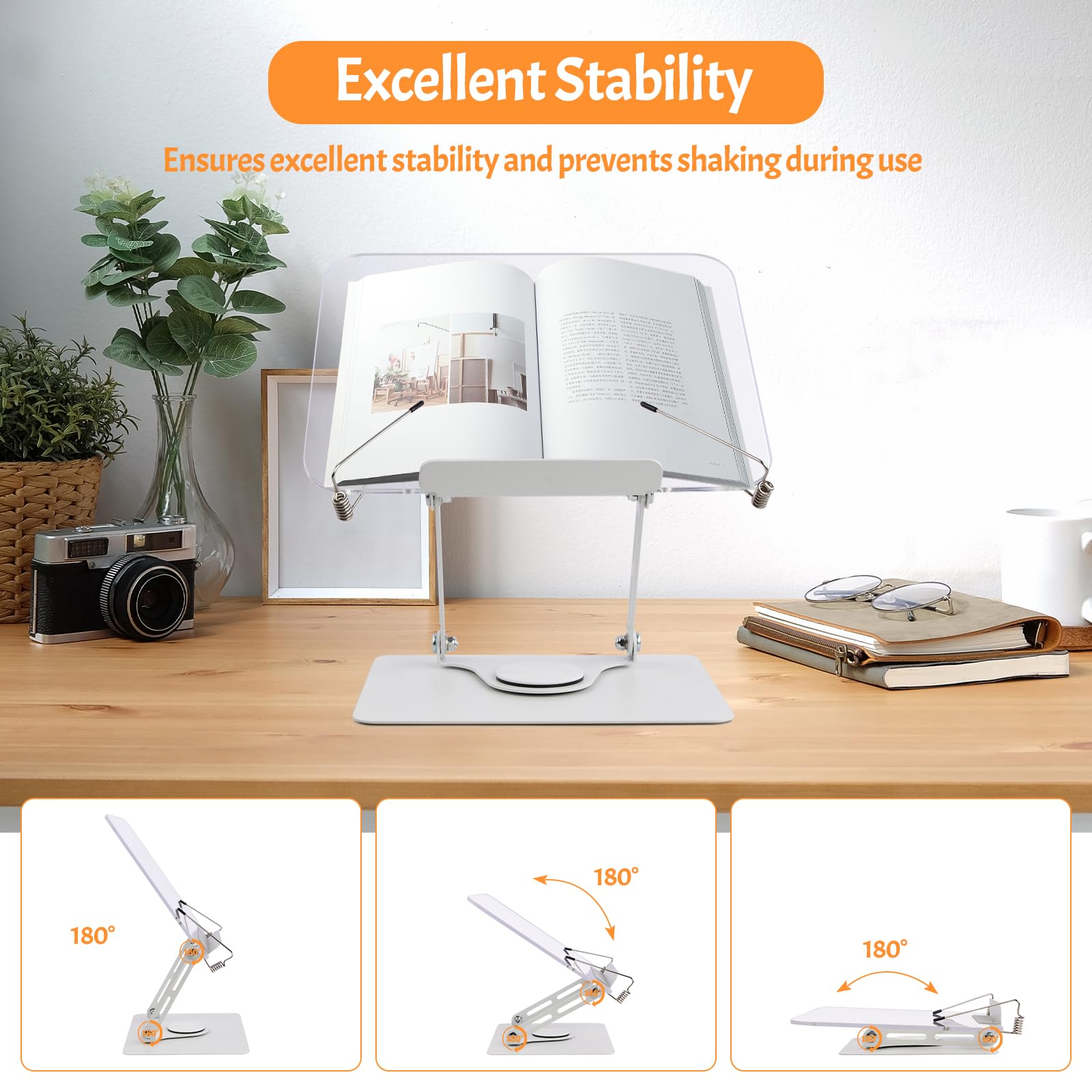 Leggio per Libri in Acrilico con Base Girevole 360° e Clip Elastiche, Regolabile 4,4-39 cm, Pieghevole Porta Libro da Scrivania