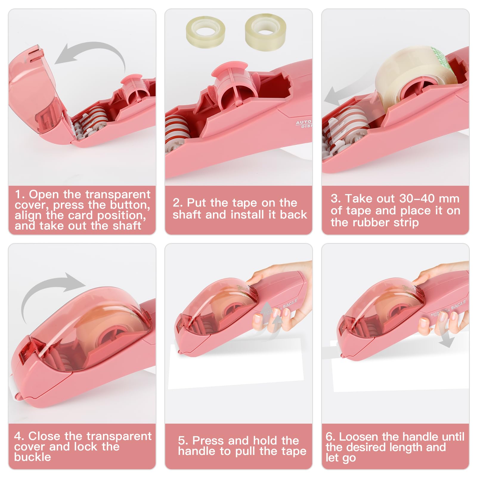 Eagle Automatic Tape Dispenser and Tape Gun with 1 roll 1/2 inch(12mm) and 1 roll 3/4inch (19mm) Tape (Pink) - Image 2