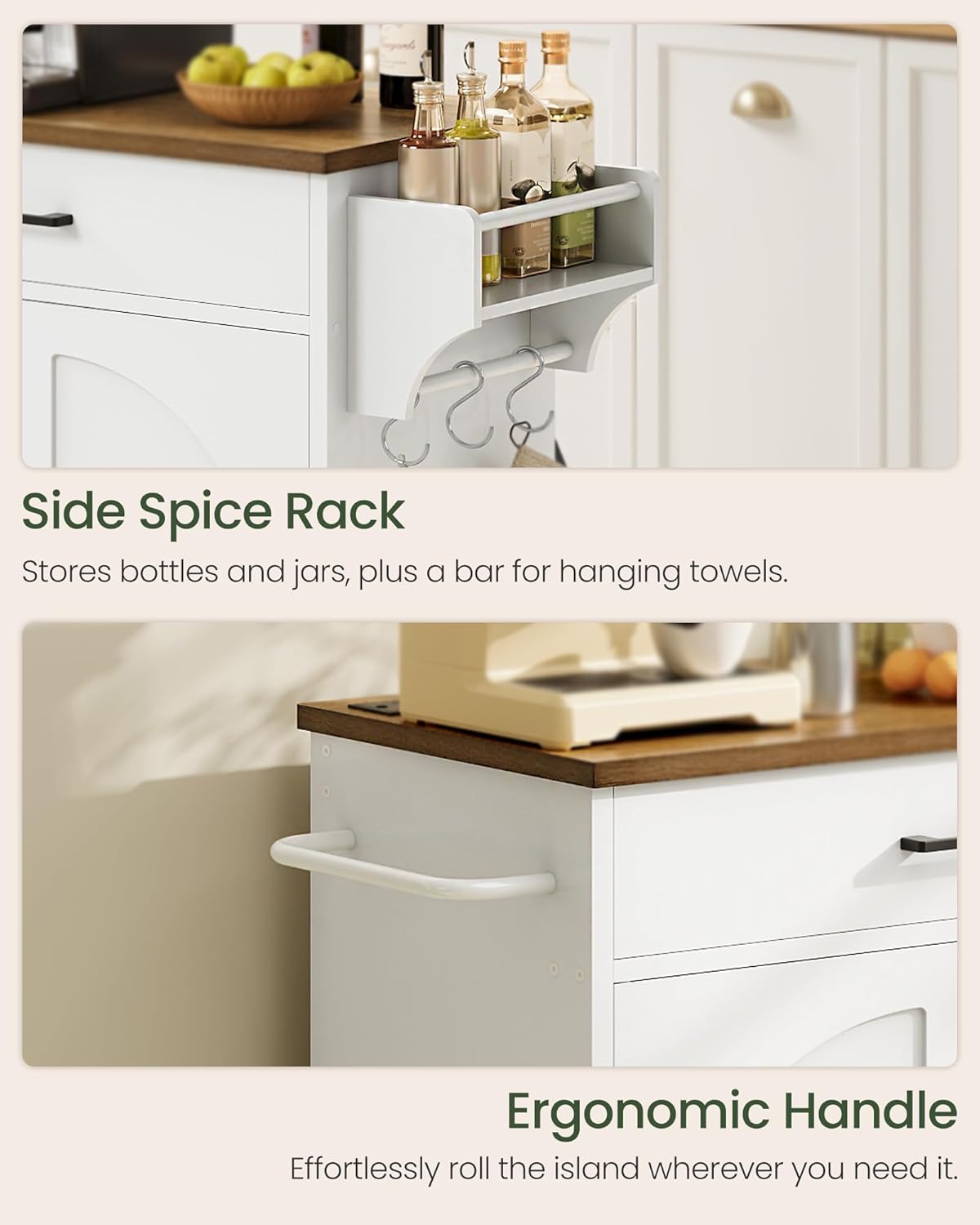 Kitchen Island, Kitchen Island Cart with Storage and Charging Station, Rolling Kitchen Table with Spice Rack, Mobile Buffet Server Bar Table, for Kitchen, White and Walnut MZD05UWL