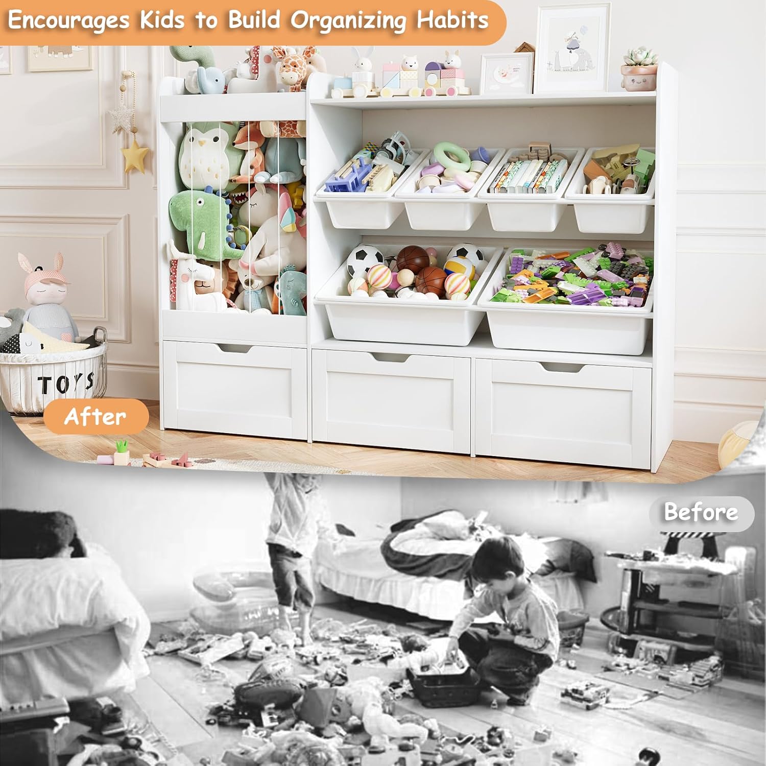 Kids Toy Storage, 50.6" W x 41.3" H Large Toy Organizers and Storage Cabinet with 6 Plastic Bins, 3 Rolling Drawers, Stuffed Animal Zoo, Wooden Organization Shelf for Playroom, Nursery(White)