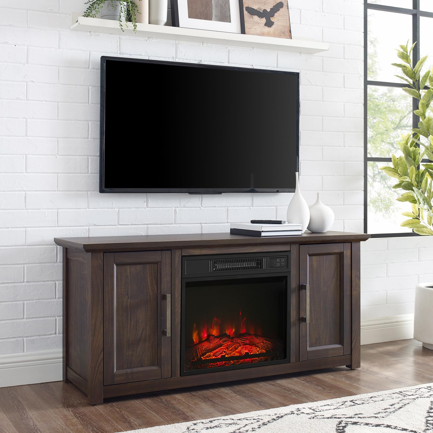 HomeStock Tuscan Treats 48-inch Low Profile TV Stand with Electric Fireplace, Dark Walnut, 15.75