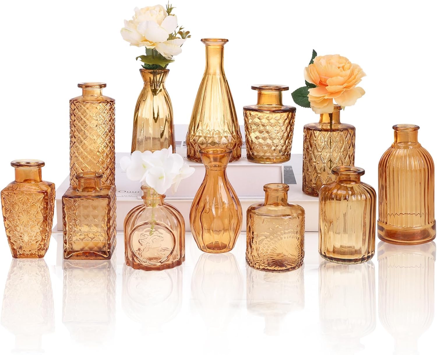 TOMNK 12 Pack Amber Gold Glass Bud Vase Set, Small Vintage Vases