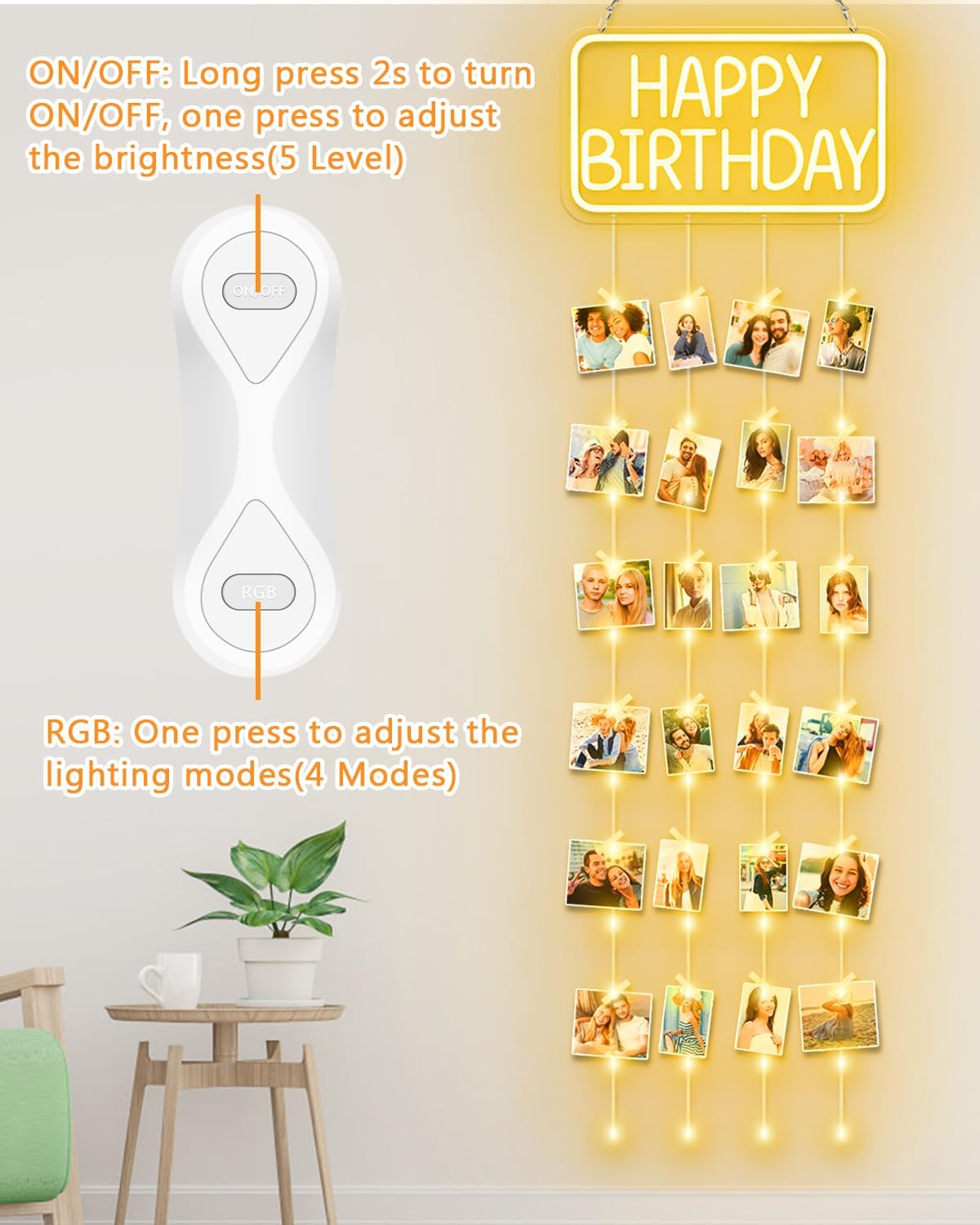 Birthday Hanging Photo Display Wall Decor Happy Birthday Neon Sign Picture Frames Collage Board with 4 String Lights and 30 Clips for Birthday Party Wall Decorations