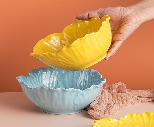 Miniatura 6 de AwakingWaves Lindo cuenco de cerámica hecho a mano con diseños de hibisco para frutas, ensaladas y sopas, cuenco amarillo de caramelo esculpido en