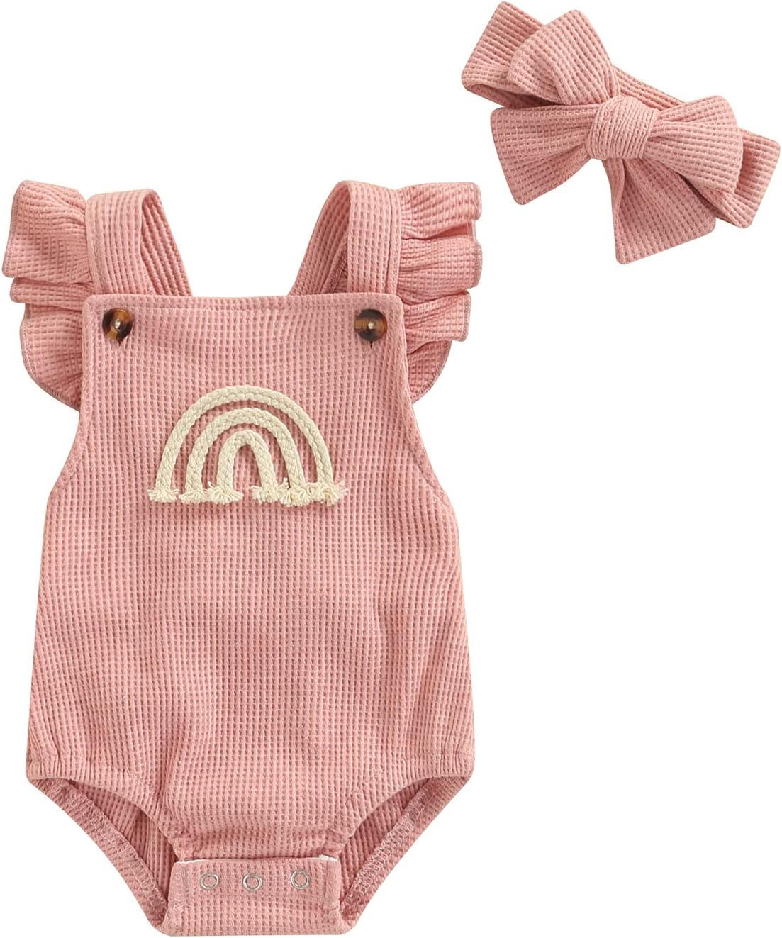 Newborn Baby Boy Girls Clothes Infant Rainbow Romper Waffle Ruffled Sleeveless Backless Bodysuit Jumpsuit Outfit