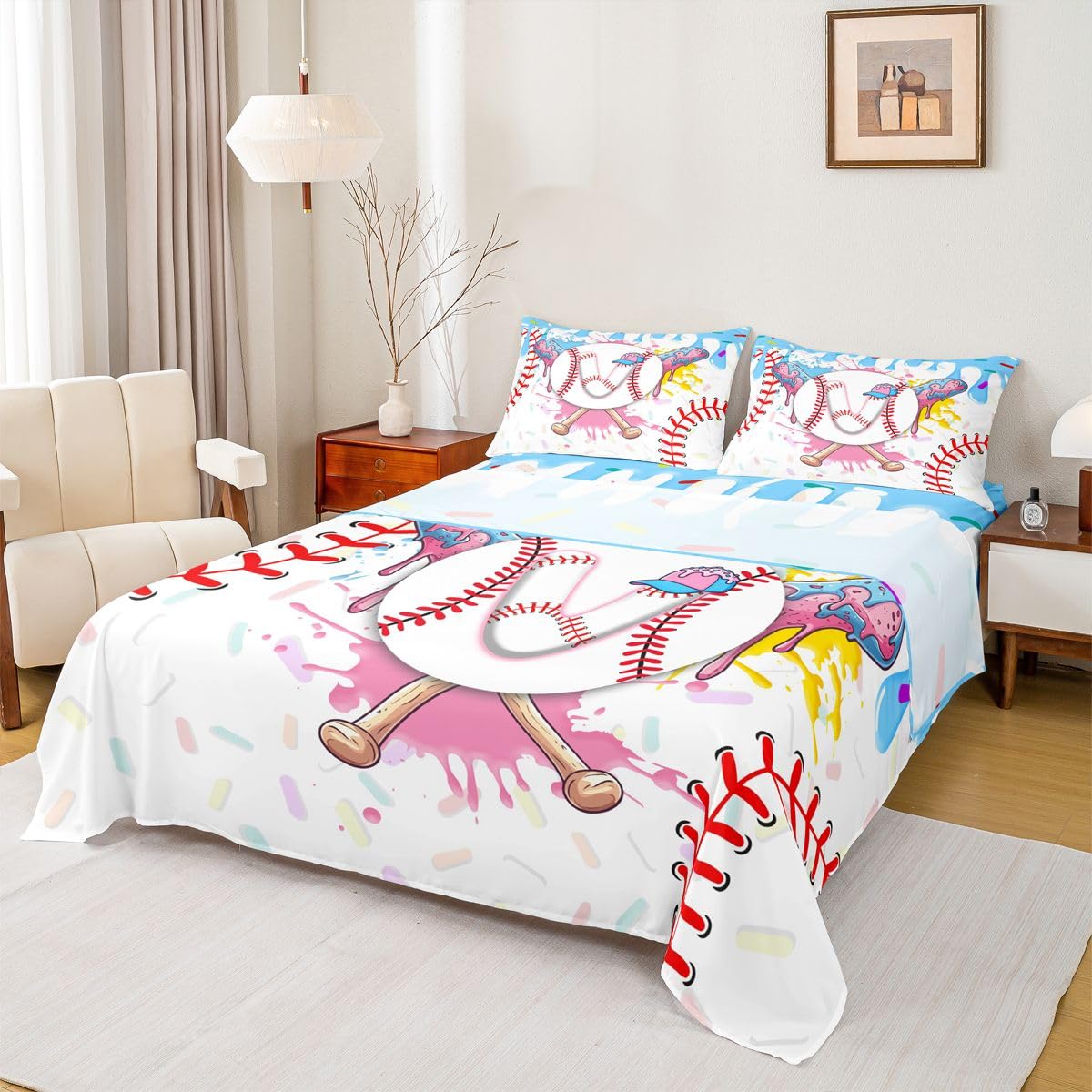 Homewish Zestaw prześcieradeł baseballowych podwójne urocze estetyczne lody kapanie prześcieradła turkusowy niebieski graffiti sport kij baseballowy pościel - Gelato chłopiec litera V inicjał monogram