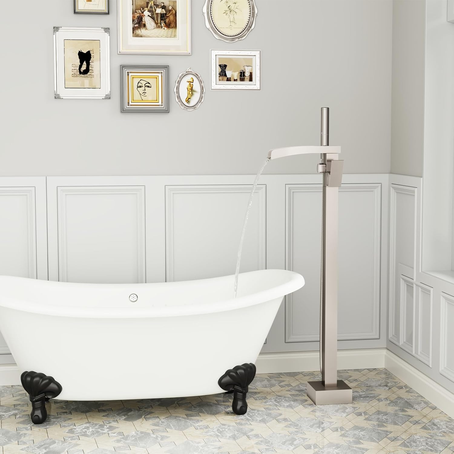 BESy Tub Filler Freestanding Bathtub Faucet Waterfall Floor Mount Brass Single Handle Bathroom Tub Faucets High Flow Bath Shower Faucets with 2 Function Handheld Sprayer Brushed Nickel