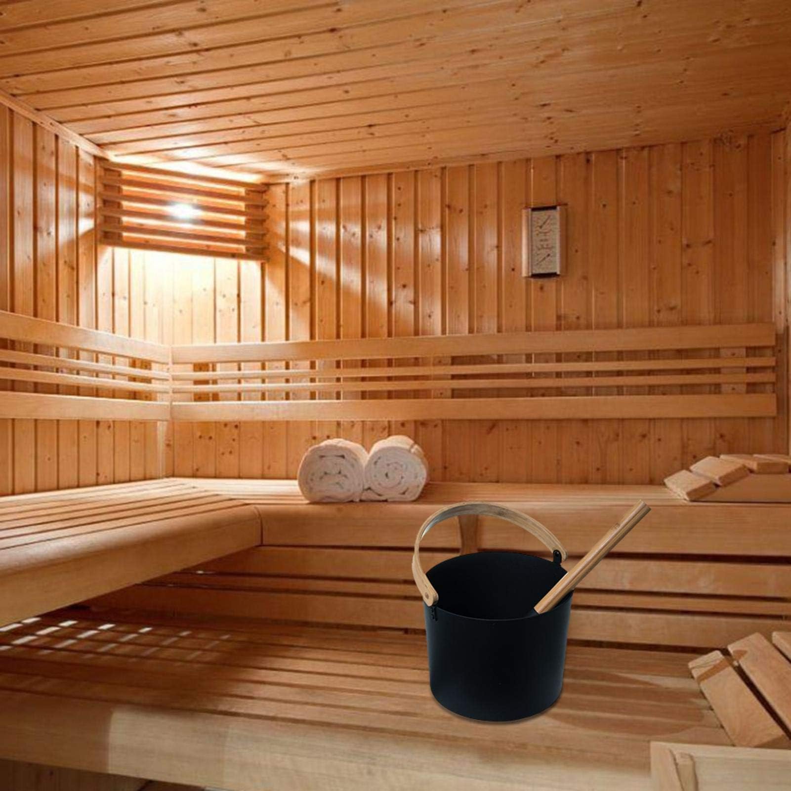 Seau de Sauna de en Aluminium avec Manche Long en Bois 7 l, Noir