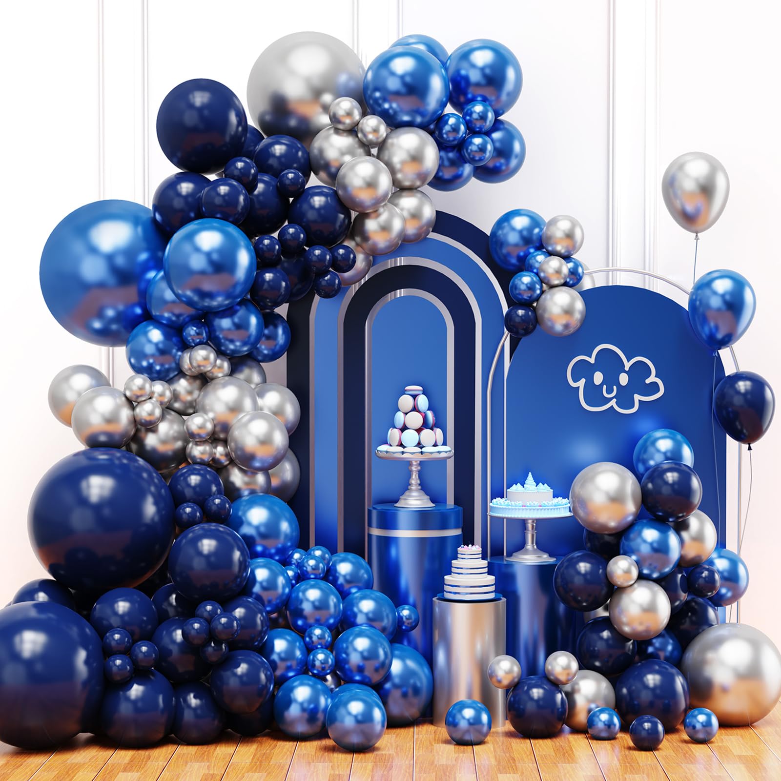 Blue Balloon Arch Kit, Navy Blue and Silver Balloons Garland Arch Kit with Different Size, Metallic Blue Silver Balloons for Birthday Baby Shower Graduations Class of 2025 Prom Decorations
