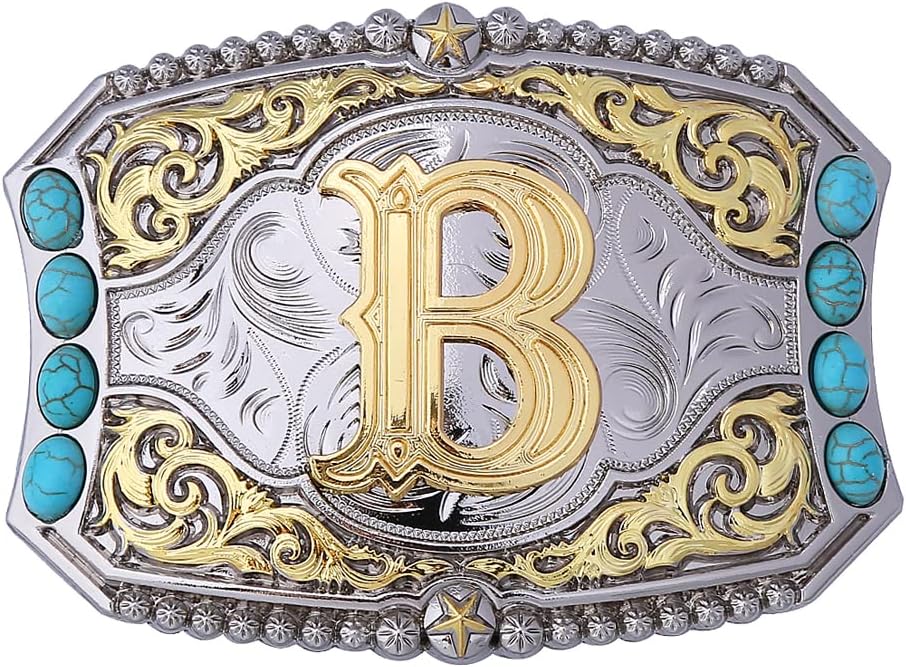 Btilasif Turquoise Belt Buckle Western Cowboy Rodeo Initial Letters ABCDEFG to Z Belt Buckle for Men