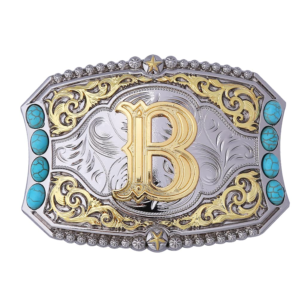 Btilasif Turquoise Belt Buckle Western Cowboy Rodeo Initial Letters ABCDEFG to Z Belt Buckle for Men