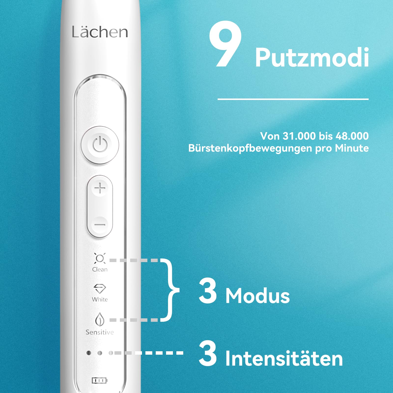Lächen Sonic elektrische Zahnbürste Schallzahnbürste - RM-T8B， mit 4 Aufsteckbürsten und Timer, 3 Modi & 3 Vibrationsstärken mit Reisetasche A-weiß