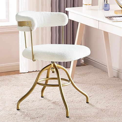 Way2Furn Silla de escritorio vintage, silla de tocador para mujer, cómoda silla decorativa de piel sintética, silla tapizada blanca giratoria