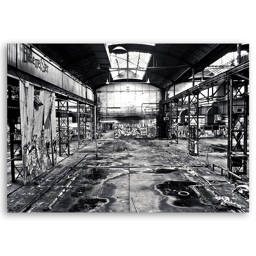 Feeby Quadro Tela Non Tessuta Fabbrica abbandonata Sala Decadimento 120x80 cm d' Arte Moderna Decorazione Murale Estetica Rottami metallici Edificio rovinato Macchine grigio