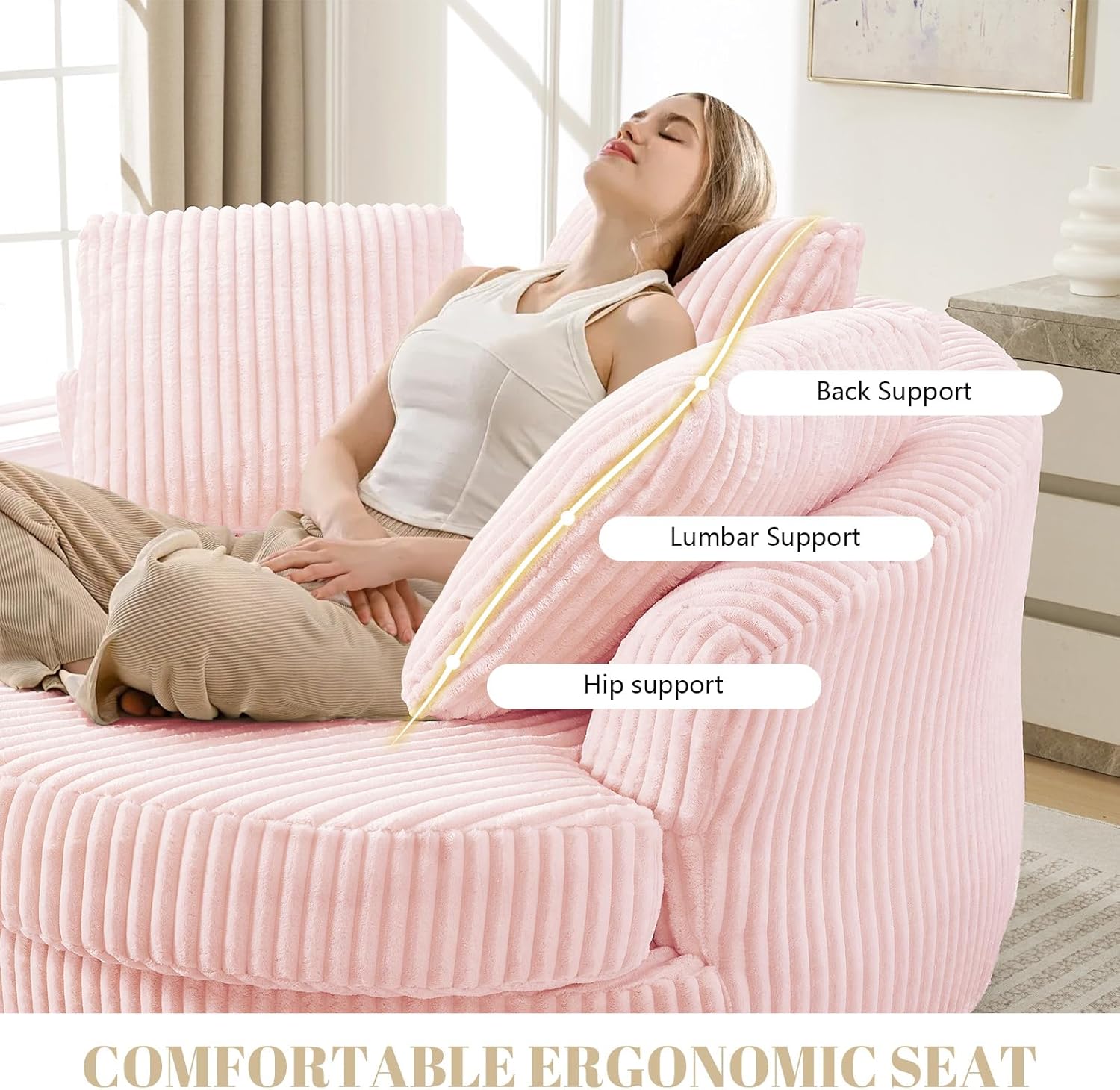 61" Oversized Round Chaise Longue Chair Indoor, Upholstered Circle Single Cloud Reading Sofa Chair w/ 5 Pillows Boneless Sleeper Couch No Assembly Required for Living Room Bedroom, Pink