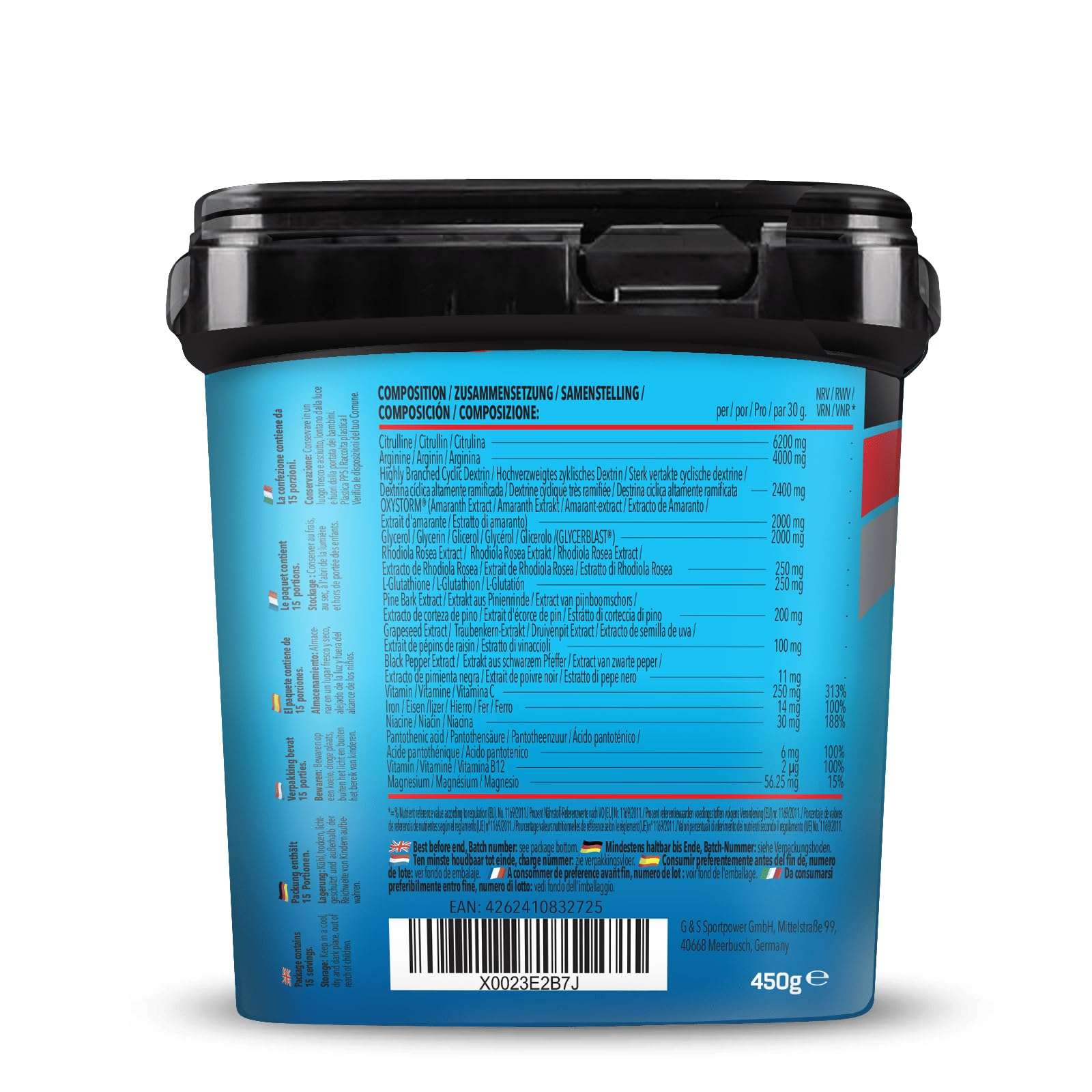 Bodylab24 Bodybuilder Pump Pre Workout Tropical 450g, mit L-Citrullin, L-Arginin, Vitaminen, Mineralstoffen, Glycerin, Dextrin und verschiedenen Pflanzenextrakten, lecker und fruchtig im Geschmack