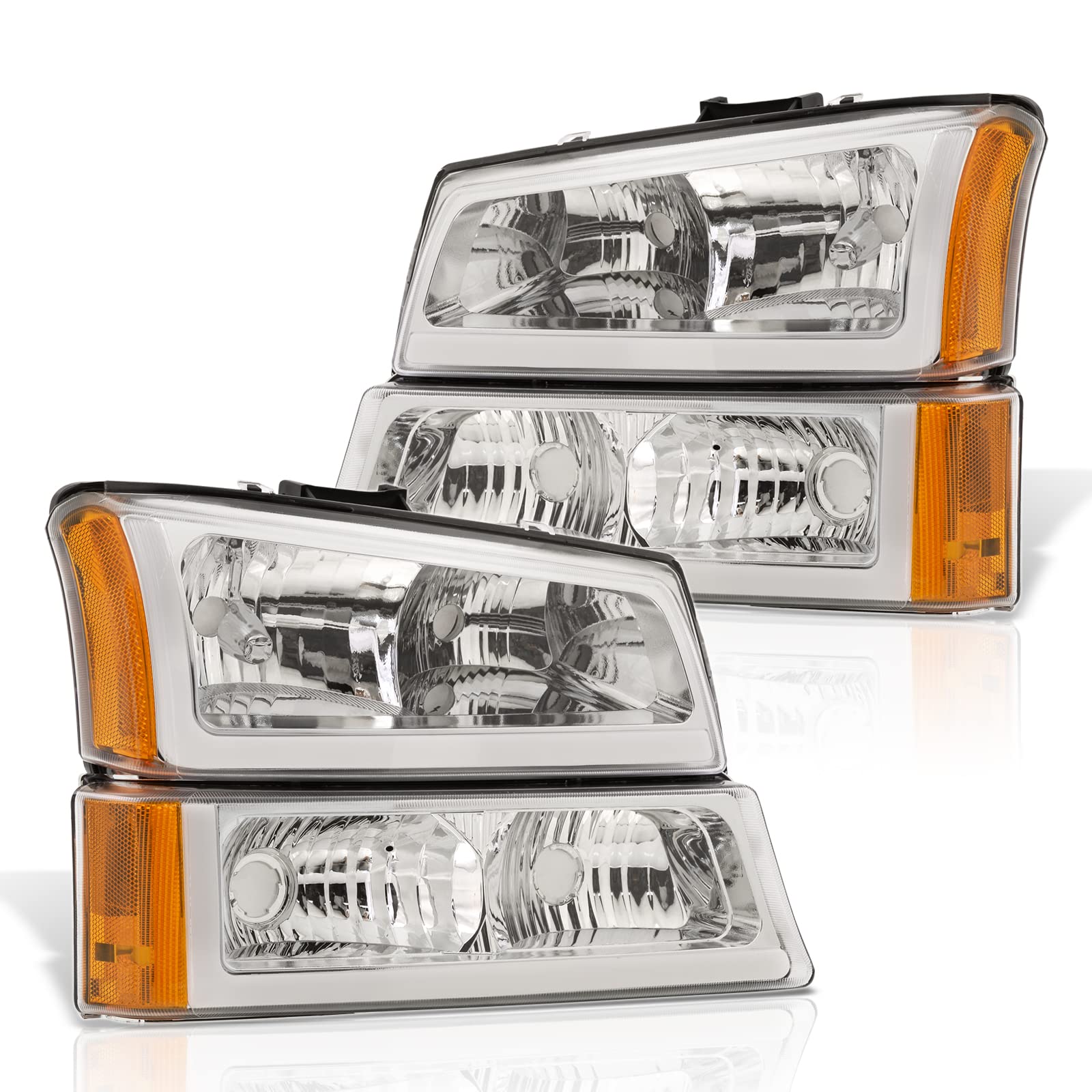 AJP Distributors LED DRL Chrome Housing Clear Lens Amber Reflector Signal Headlights Bumper Lamps Assembly Lights Pair Set Compatible/Replacement For Silverado 2003 2004 2005 2006 2007 03 04 05 06 07