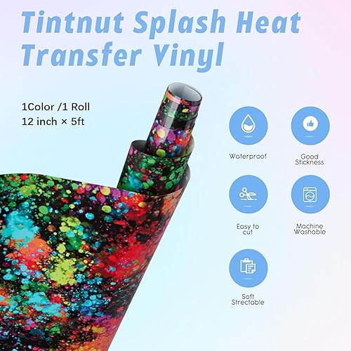 Miniatura 2 de Tintnut Splash Rollo de vinilo de transferencia de calor, 12 pulgadas x 5 pies, tinta de acuarela multicolor con estampado de tinta HTV para