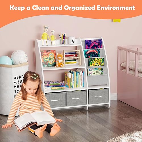 Miniatura 310 de Estantería de madera rosa de 4 niveles para niños, estantería de 5 capas, estante para libros de almacenamiento para bebés, organizador de juguetes