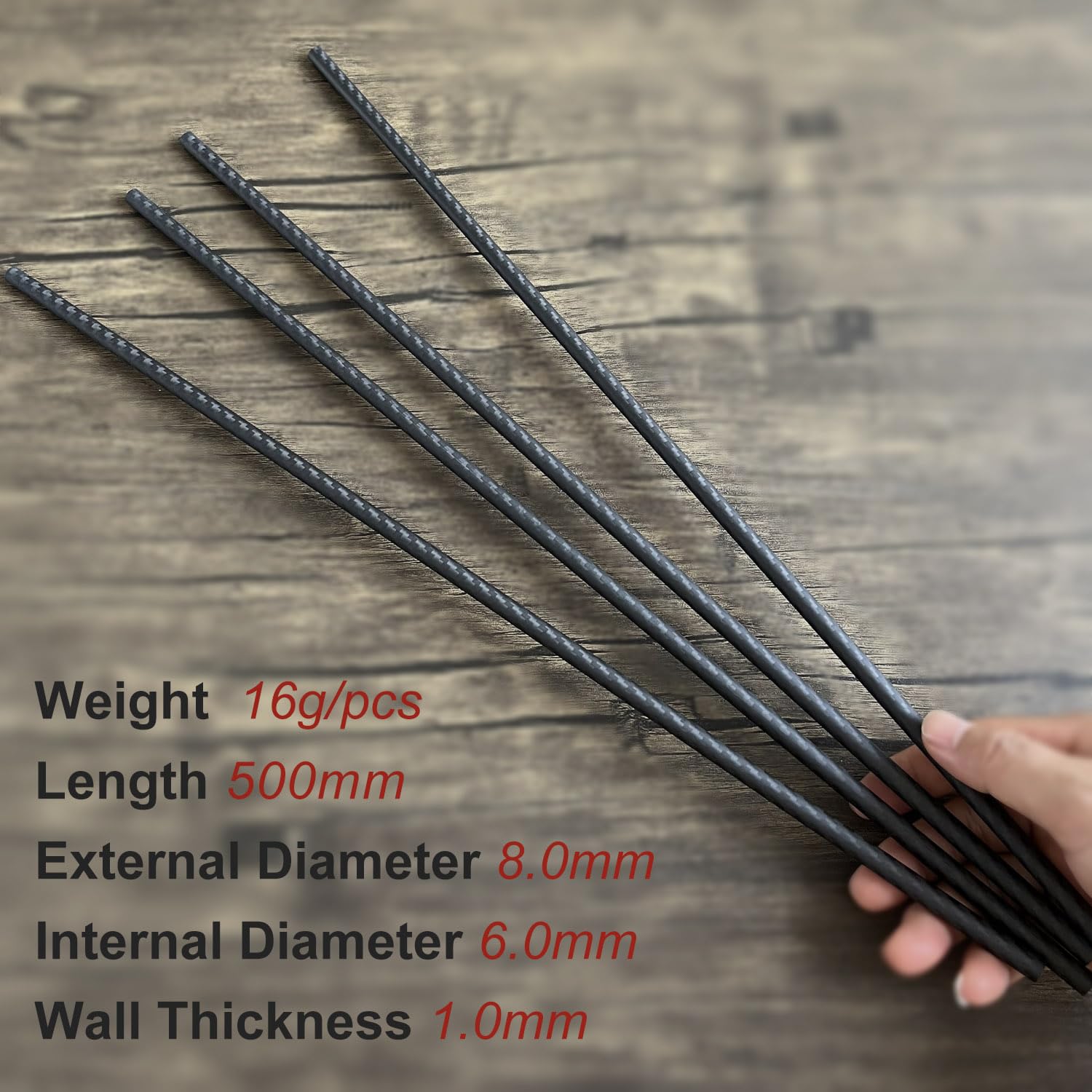 4 tubos de fibra de carbono de 8 mm x 6 mm x 500 mm, 6 ~ 50 mm disponibles, acabado mate envuelto en rollo 3K.