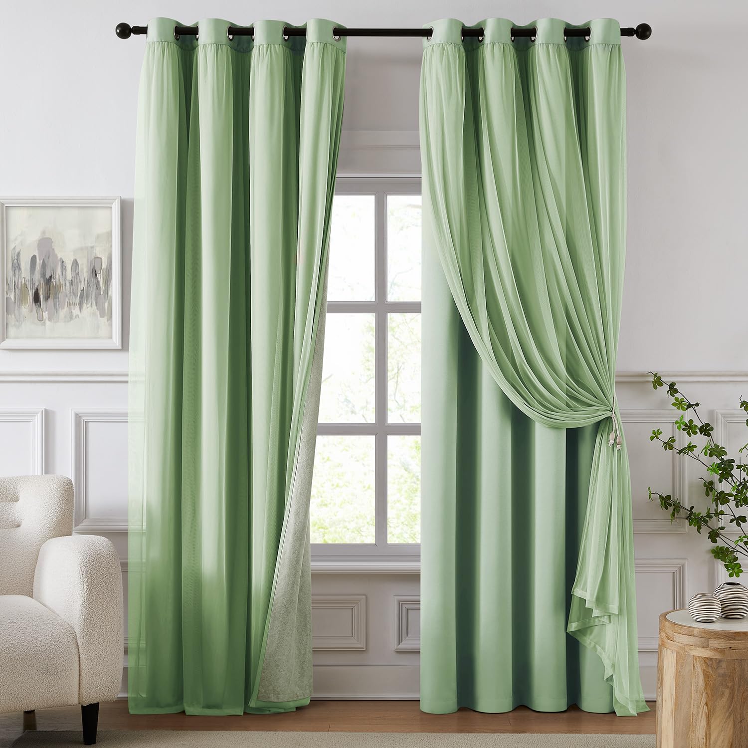 100% Blackout Curtains for Bedroom, Double Layer Green 96" L