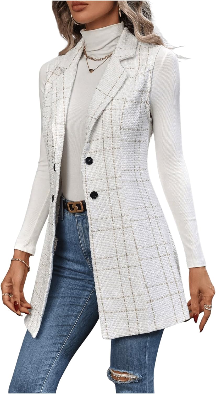 GORGLITTER Women's Tweed Plaid Long Blazer Vest Sleeveless Trendy Fall Business Casual Dressy Work Blazer Jackets 2025 - Image 4