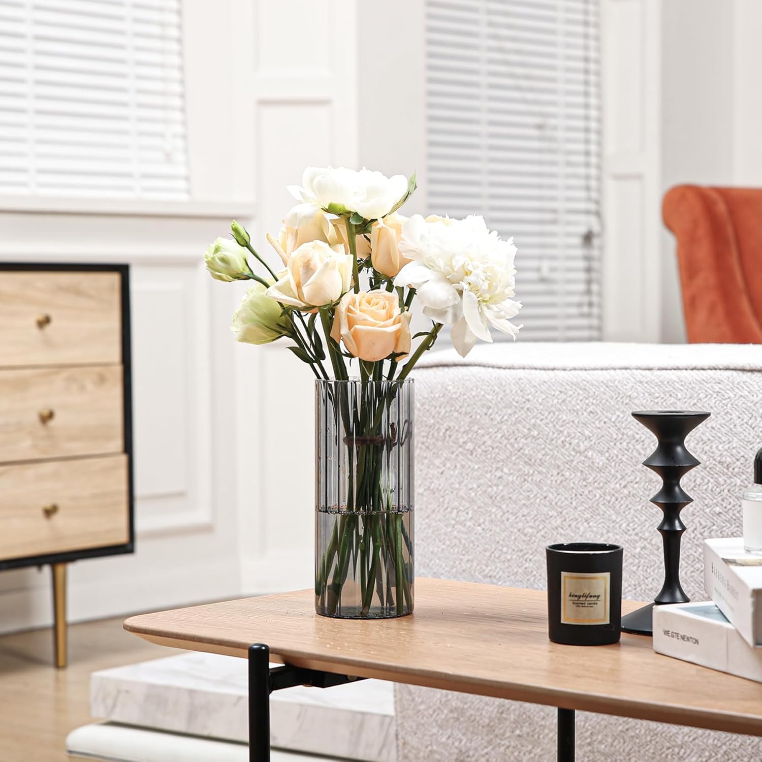 ComSaf Glass Cylinder Vases, Bud Vase for Centerpieces, 8 Inch Tall Ribbed Vase Hurricane Floating Candle Holder, Decorative Flower Vases for Wedding Reception, Home Decor, Housewarming Gift (Grey) - Image 4