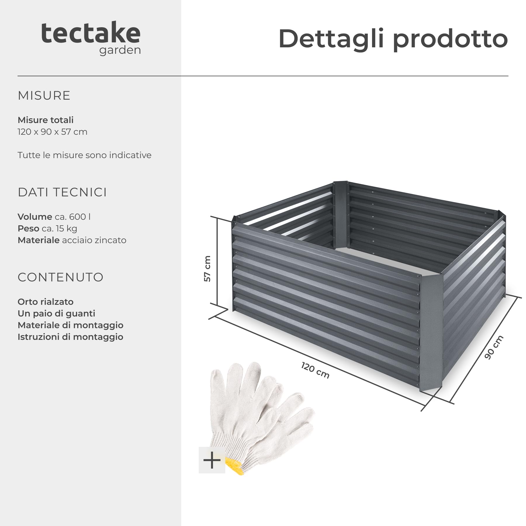 tectake® Orto Rialzato, 600l, Zincato,120 x 90 x 57 cm, Struttura in Acciaio Zincato, Base Aperta, Perfetto per Verdure, Erbe Aromatiche e Fiori, Montaggio Rapido, Alta Stabilità, Giardino Rialzato