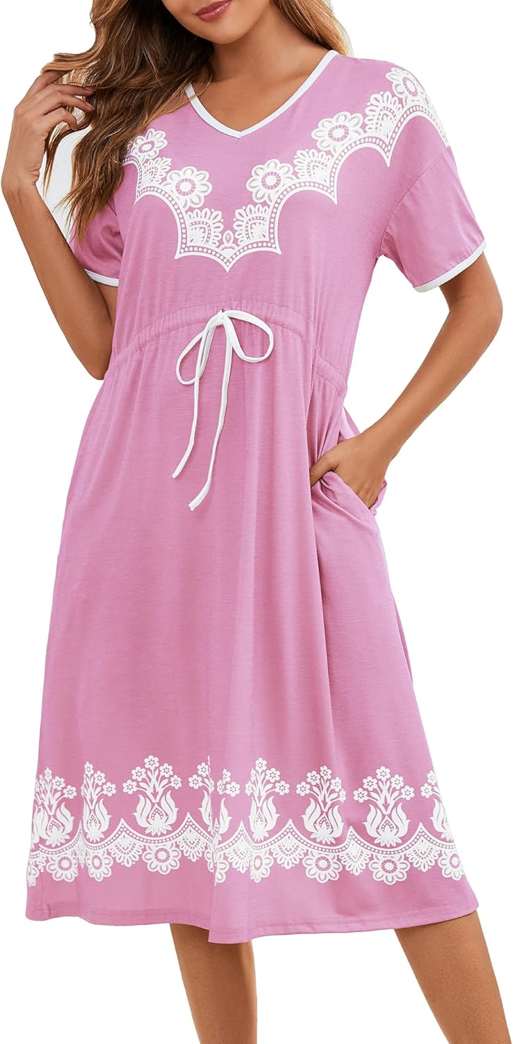 Women’s Printed Nightgown, V-Neck Short Sleeve Midi Sleep Dress with Pockets, Loose Fit Comfortable Loungewear
