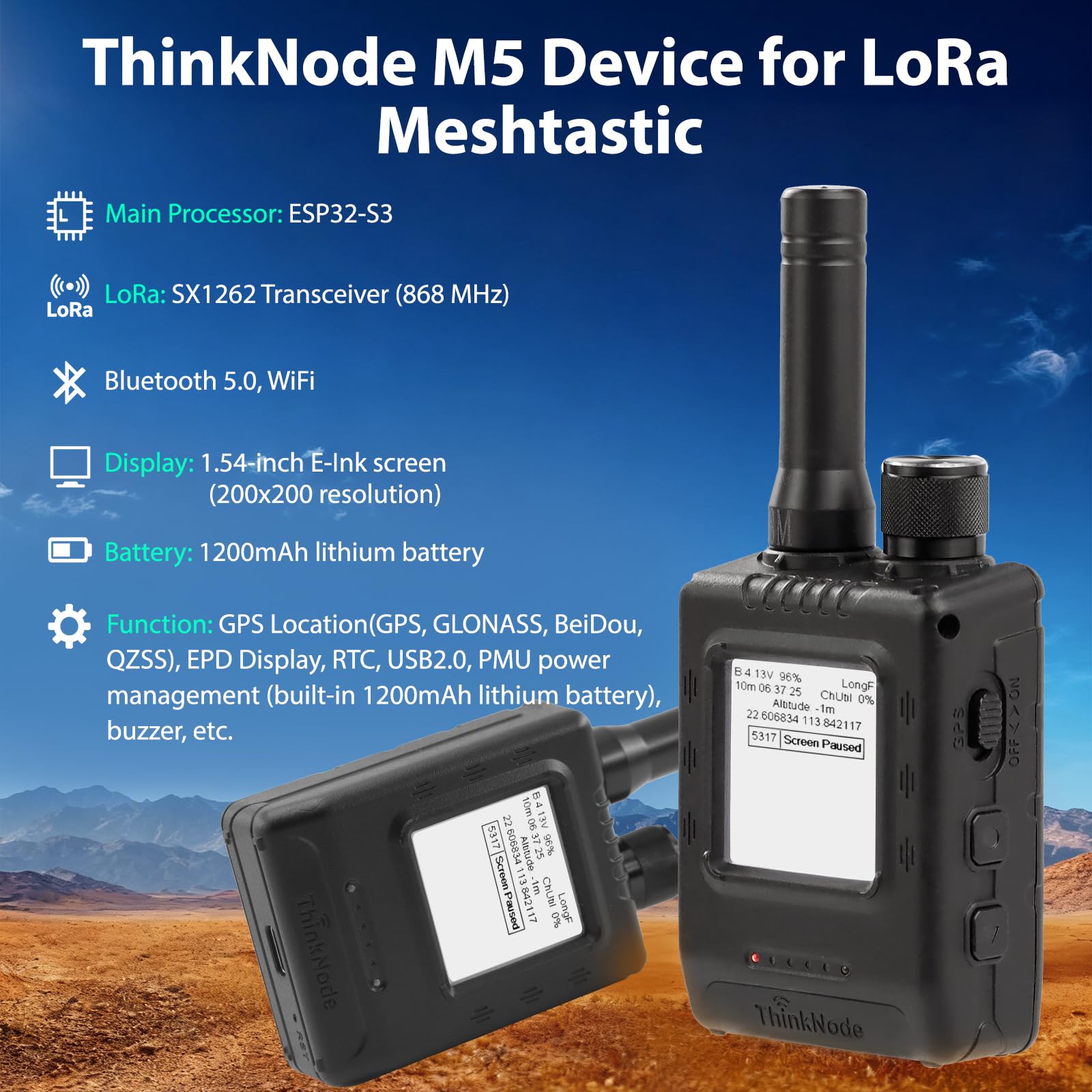 ELECROW Trasmettitore LoRa Meshtastic con GPS e ESP32-S3 – ThinkNode M5 Schermo EPD da 1,54 Pollici con Custodia, Modulo Wireless SX1262 da 868 MHz, Batteria da 1200 mAh per Rete Meshtastic