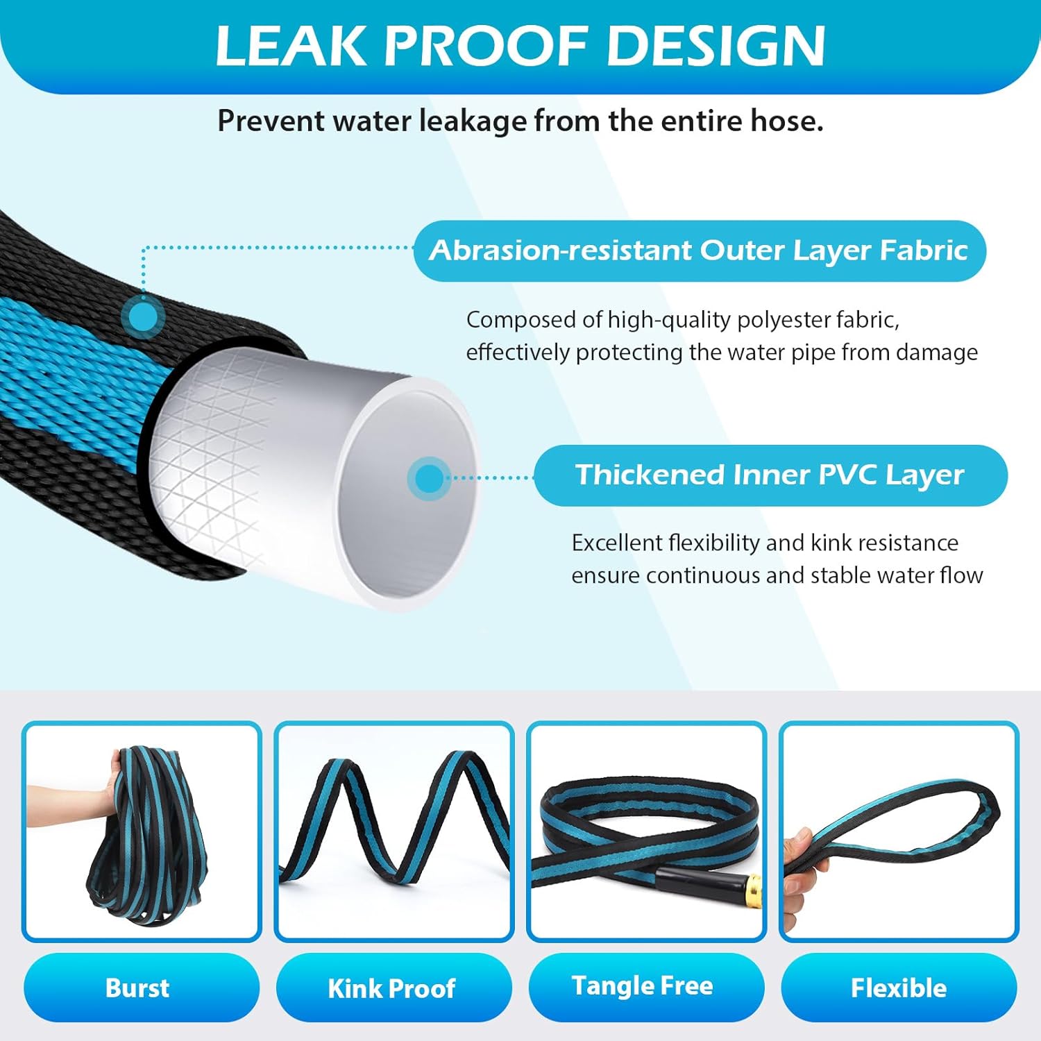 100FT Non-Expandable Garden Hose, Flexible Water Hose with Spray Nozzle, Kink-Resistant, Leakproof 3/4" Brass Connectors, Lightweight & Portable Water Pipe for Yard, Lawn Outdoor