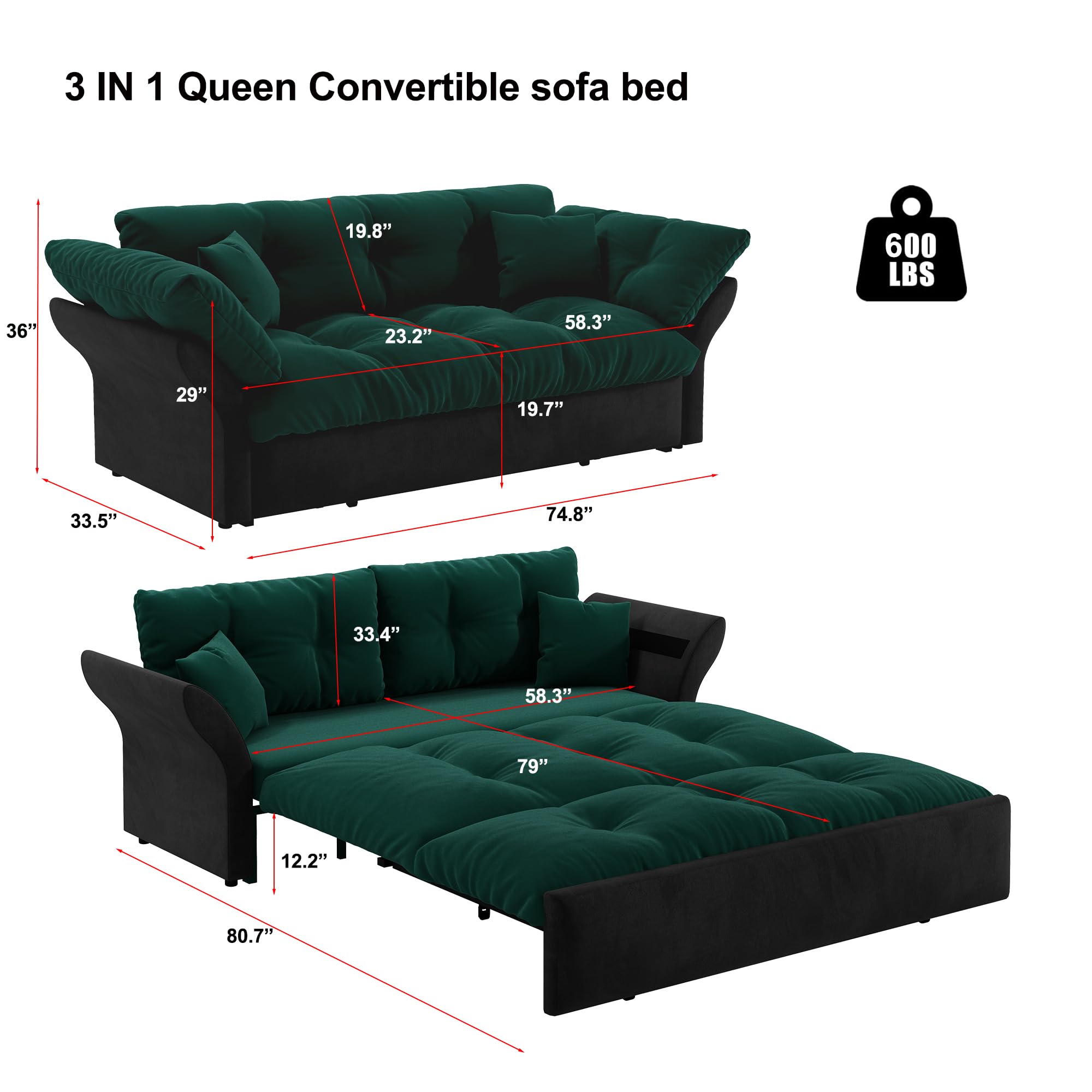 GNIXUU 74.8” Queen Pull Out Sofa Bed, Luxury Velvet Convertible Sleeper