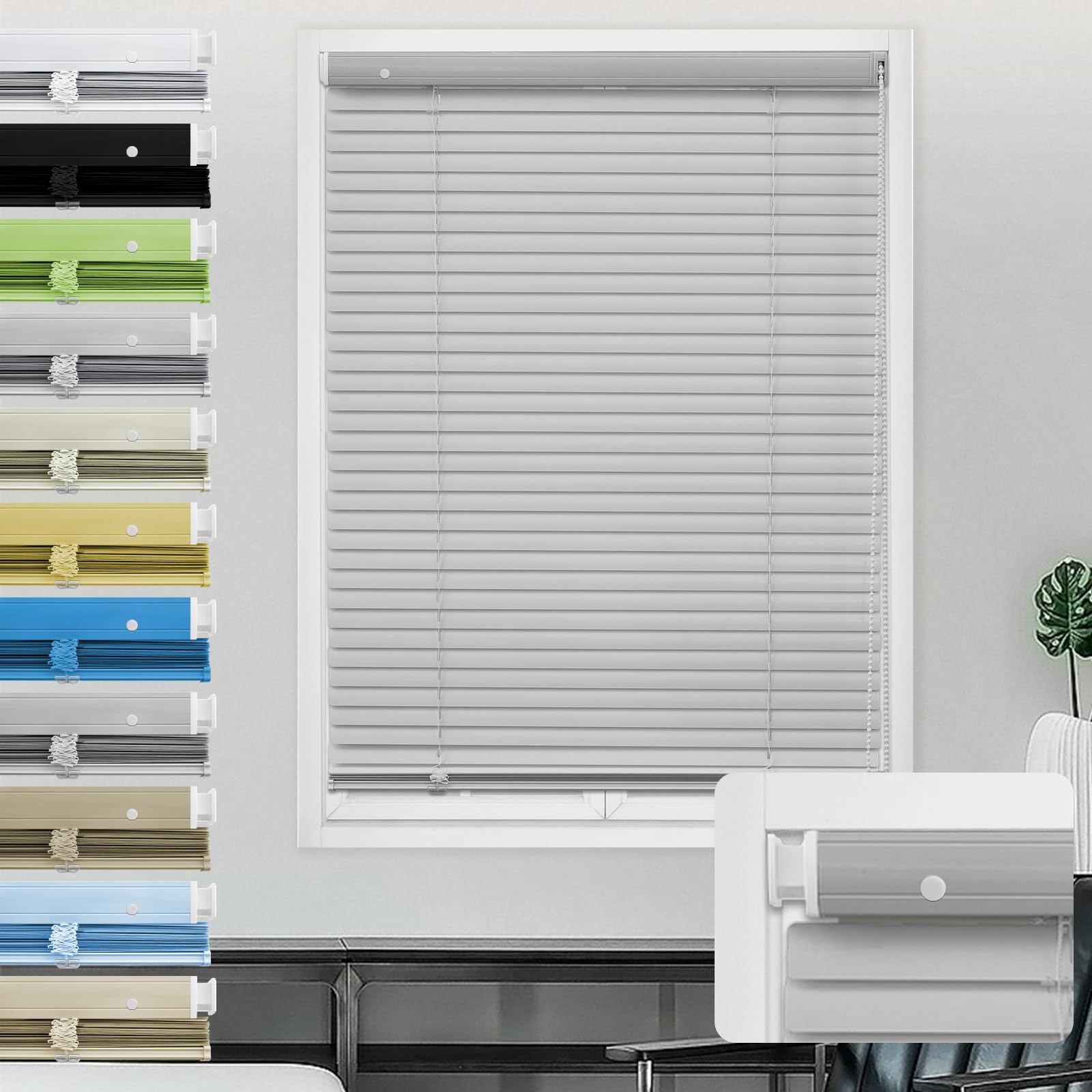 Moonice Aluminum Venetian Blinds No Drill No Tools Window Venetian Blind Color-Matched Horizontal Shade 25mm Slats Waterproof Shades for Office Home Interior Door (Gray,85cm W x 220cm H)