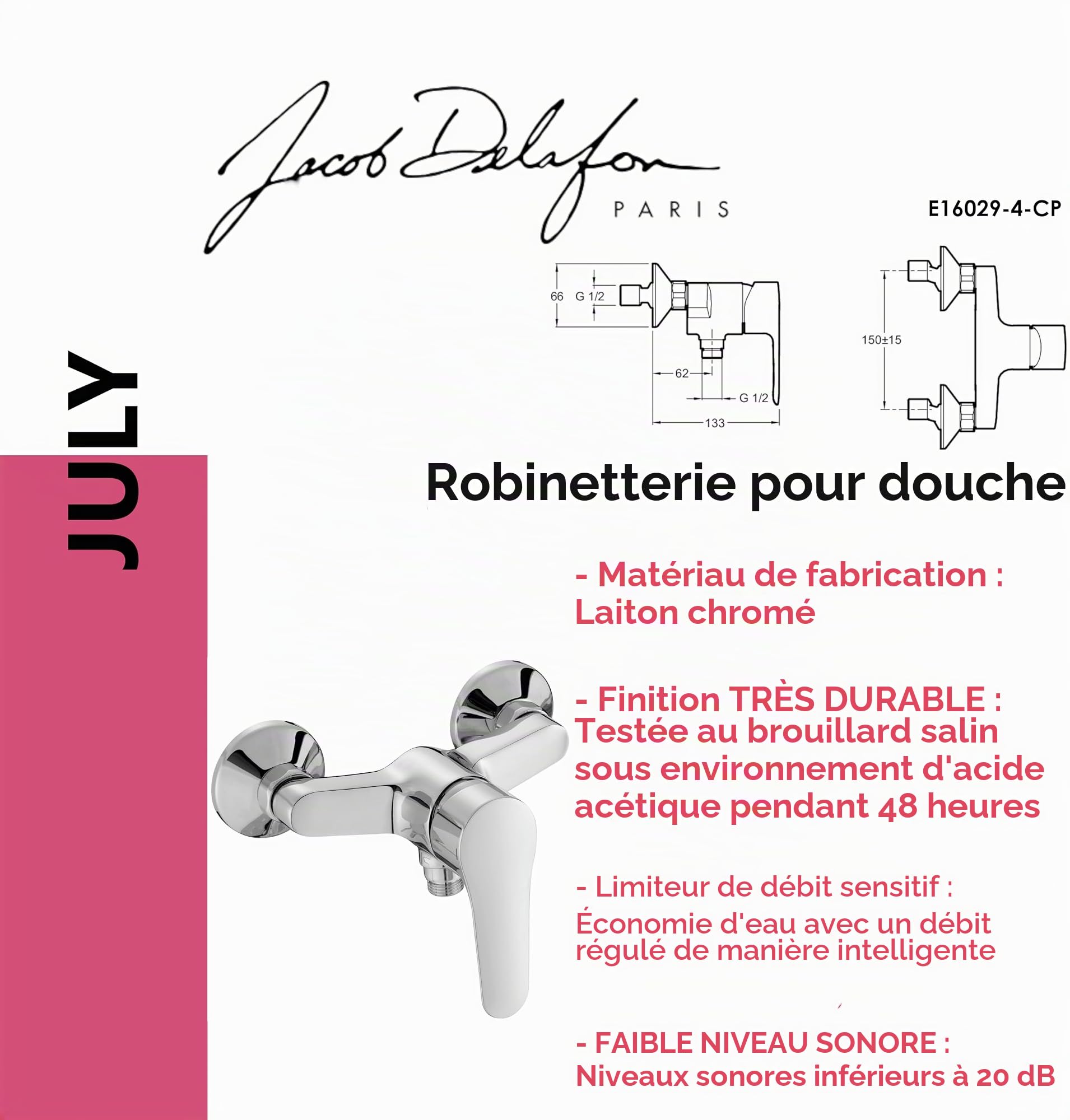 JACOB DELAFON Robinet mitigeur de douche mural avec cartouches de disque en céramique et valve anti-retour JULY E16029-4-CP