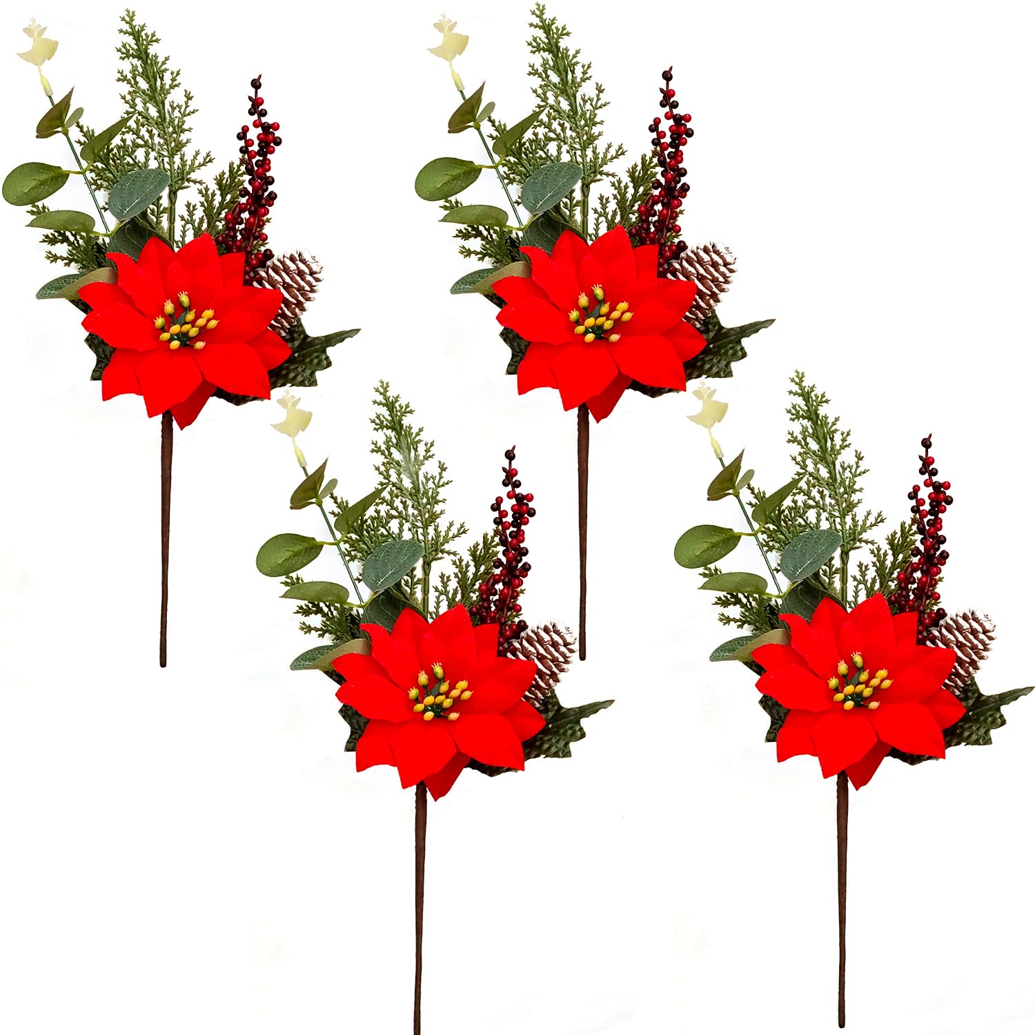 KKSTY 4 Pcs Artificial Poinsettias Stems, 13.78'' Christmas Flowers Picks with Pine Leaves Berries and Pinecone for Xmas Tree Decoration Vase Filler Holiday Home Dcor (Red)
