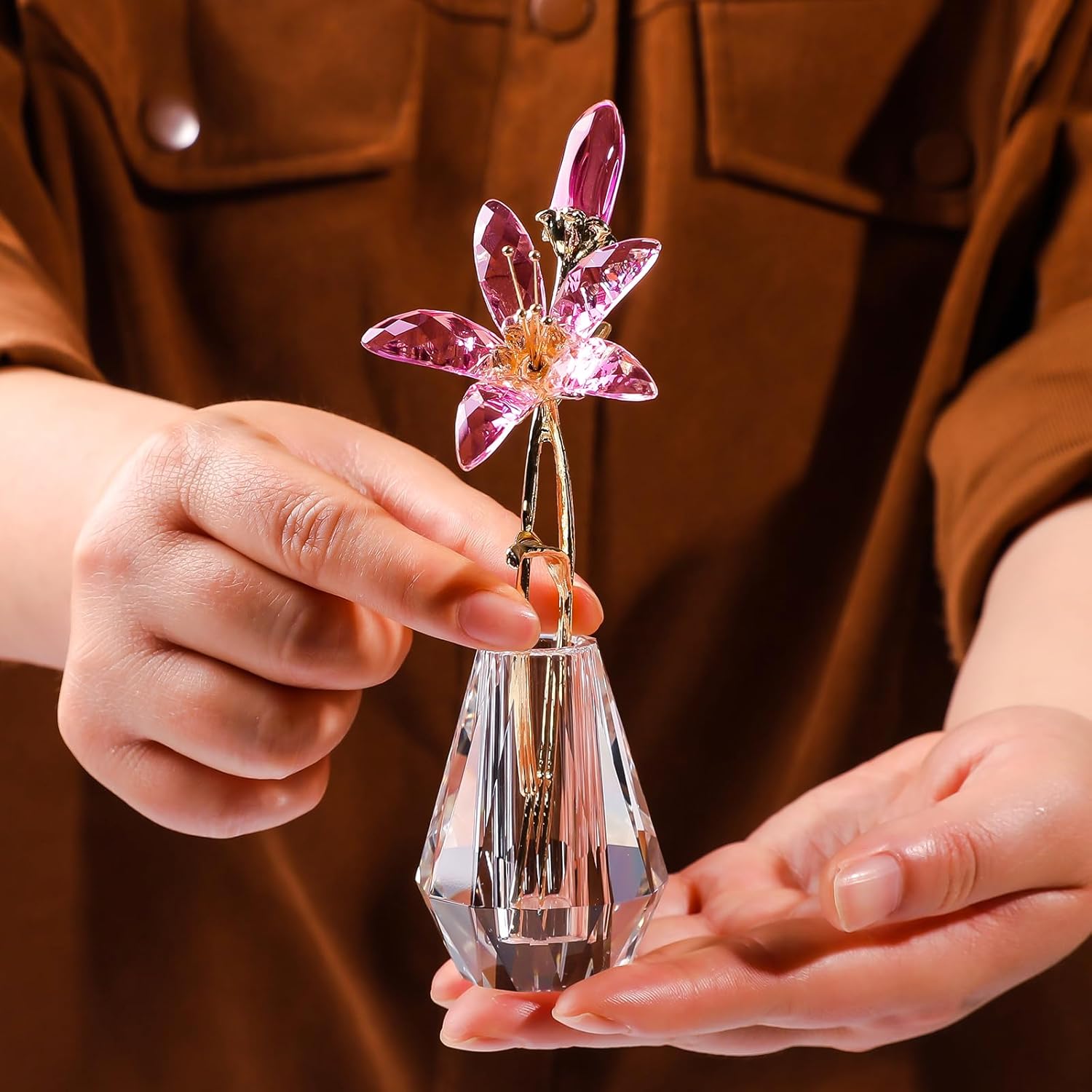 LONGWIN Crystal Artifical Tiger Lily Flowers with Vase - Pink Crystal Collectible Figurines Decorative Blooming Lily Flower for Home and Wedding - Image 5